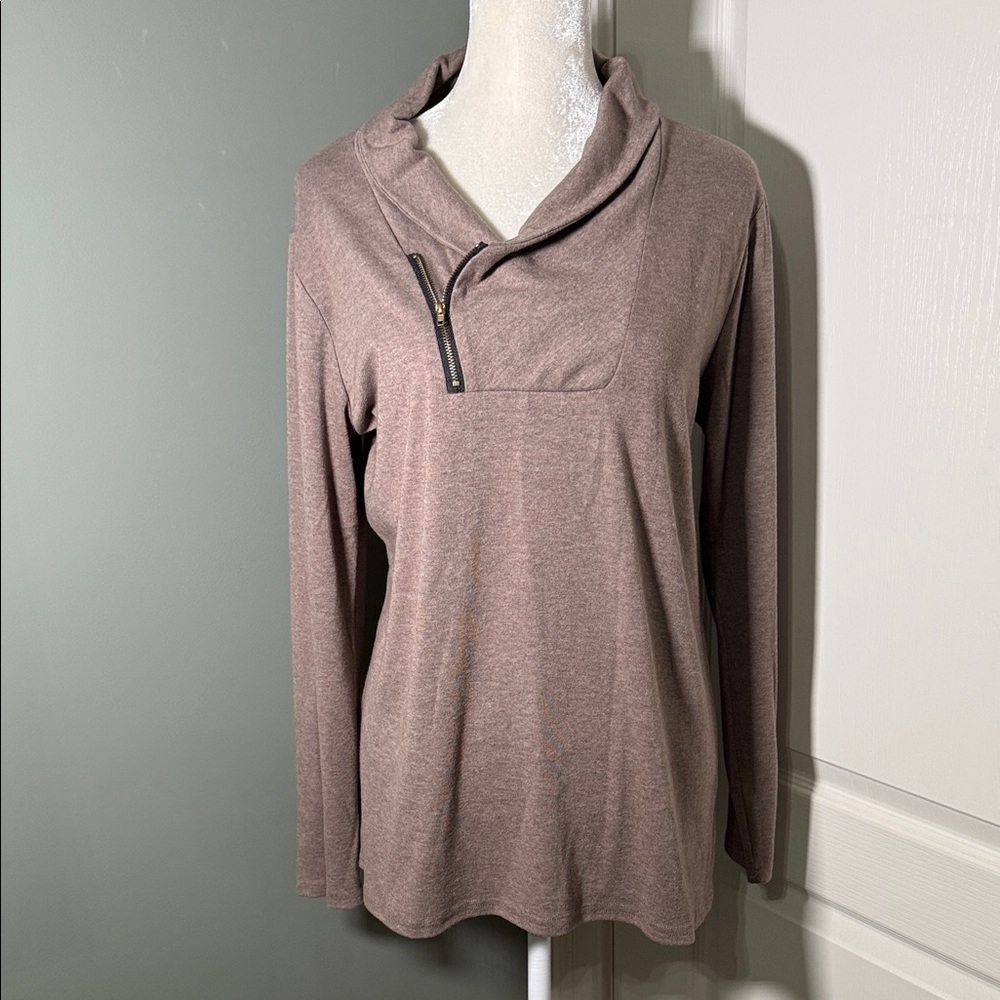 Cyanstyle Cowl Neck Zip Pullover Tunic Brown Size Large